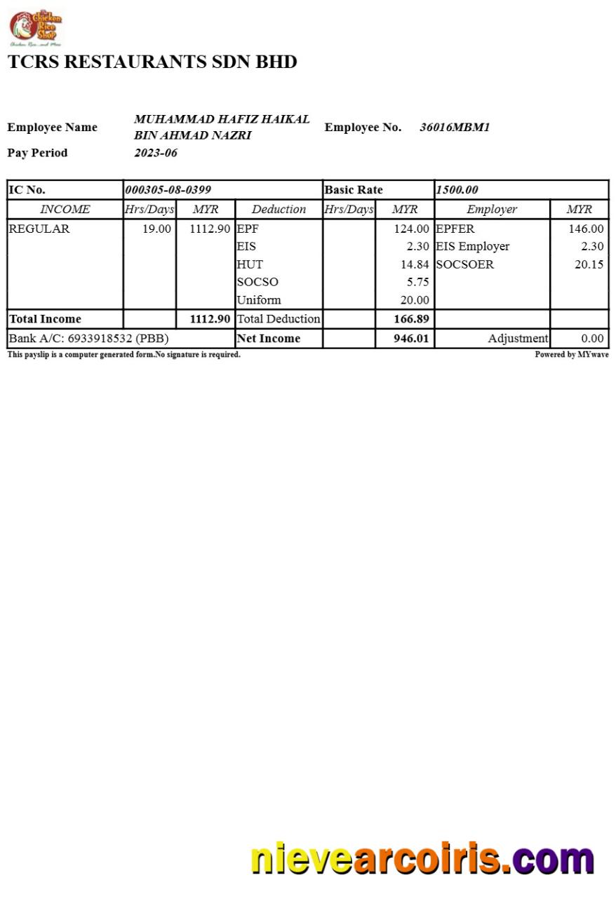 TCRS Restaurants payslip